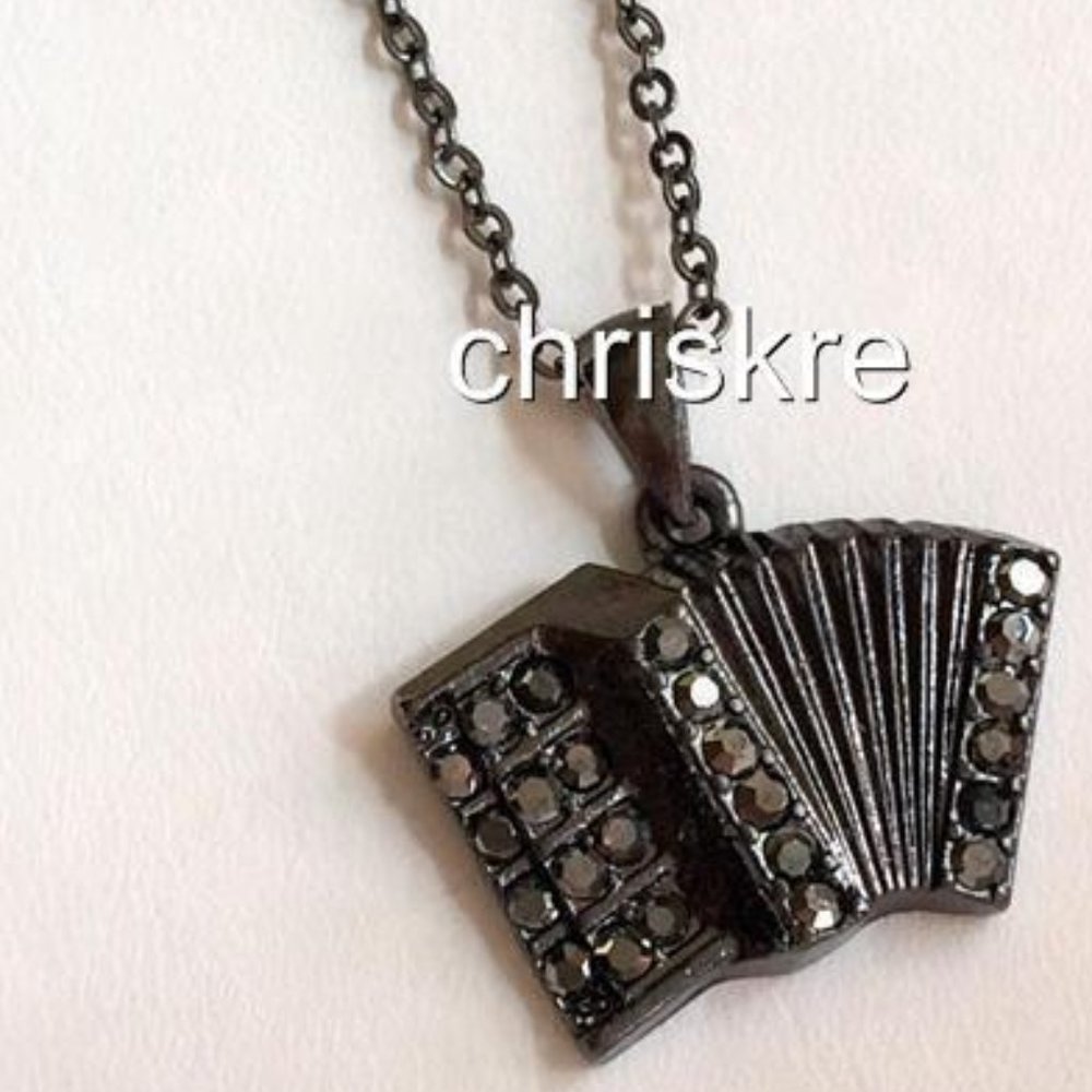 Silver Black Crystal Accordion Necklace 18" Music Gift Instrument Plated